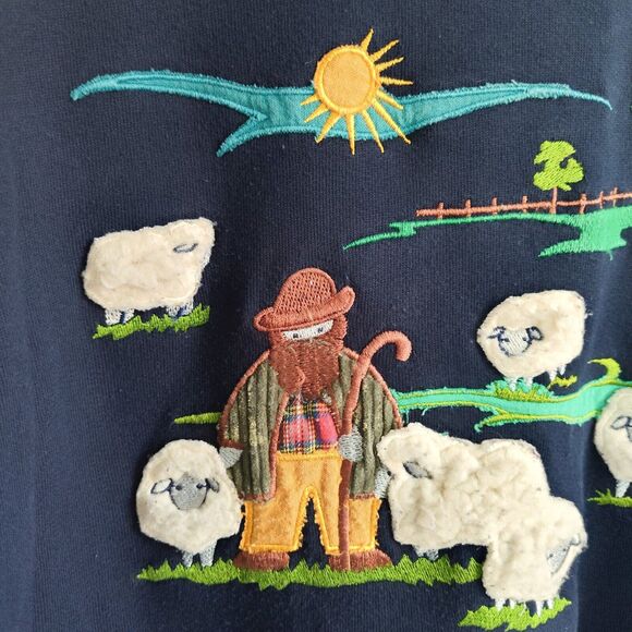 Vintage 90s Cottagecore Collared Sweatshirt 3D Farmer Sheep Pasture Scene Small - Picture 4 of 11